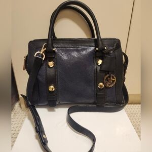 Michael Kors "Collins" Luxe Navy Leather/Black Gold Studded Satchel Handbag $398
